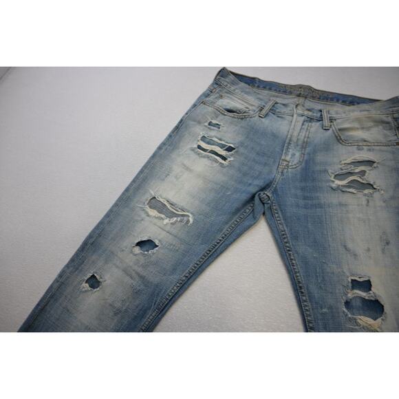 American Eagle Slim Straight Destroyed Rugged Light Blue Jeans Mens Sz 32 x 34 - Picture 5 of 11